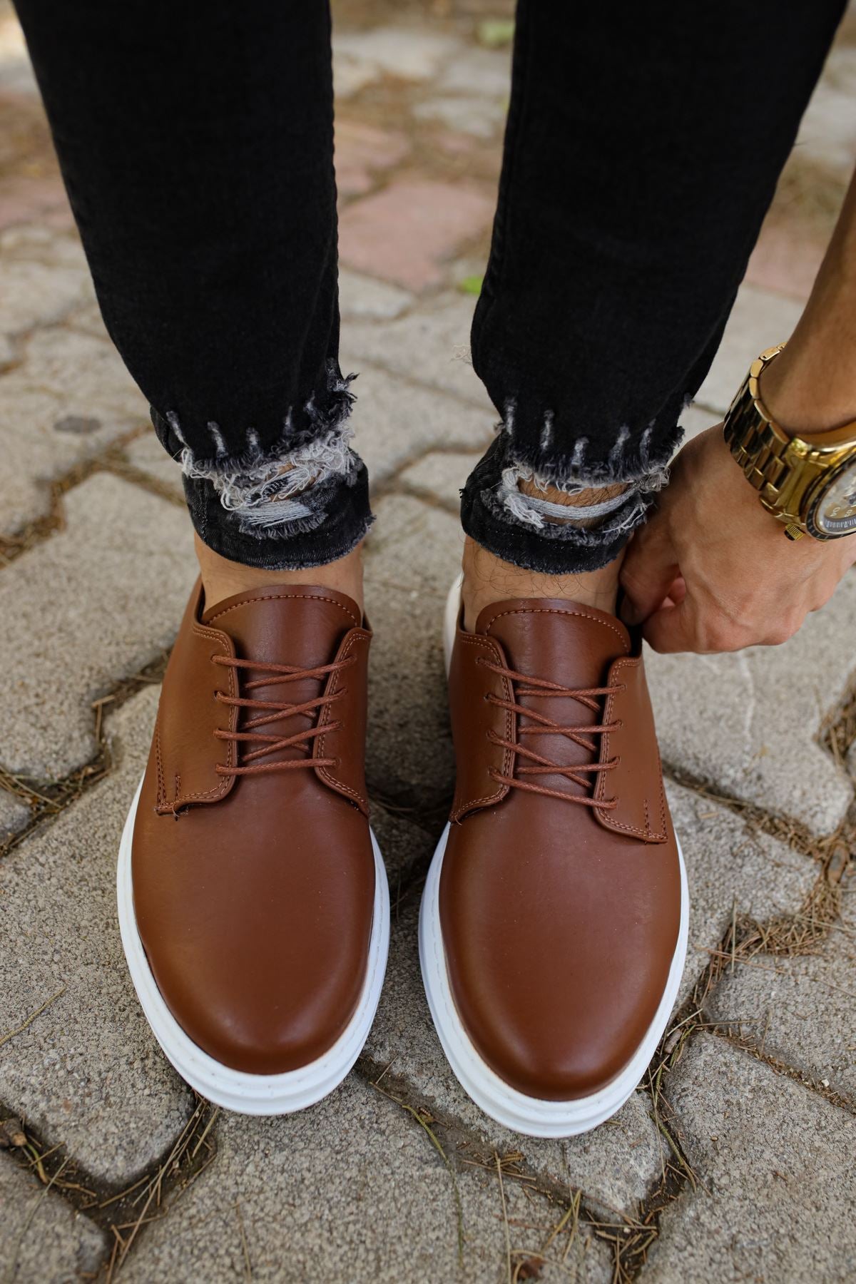 CH003 Men's Brown-White Sole Matte Leather Casual Classic Sneaker Shoes