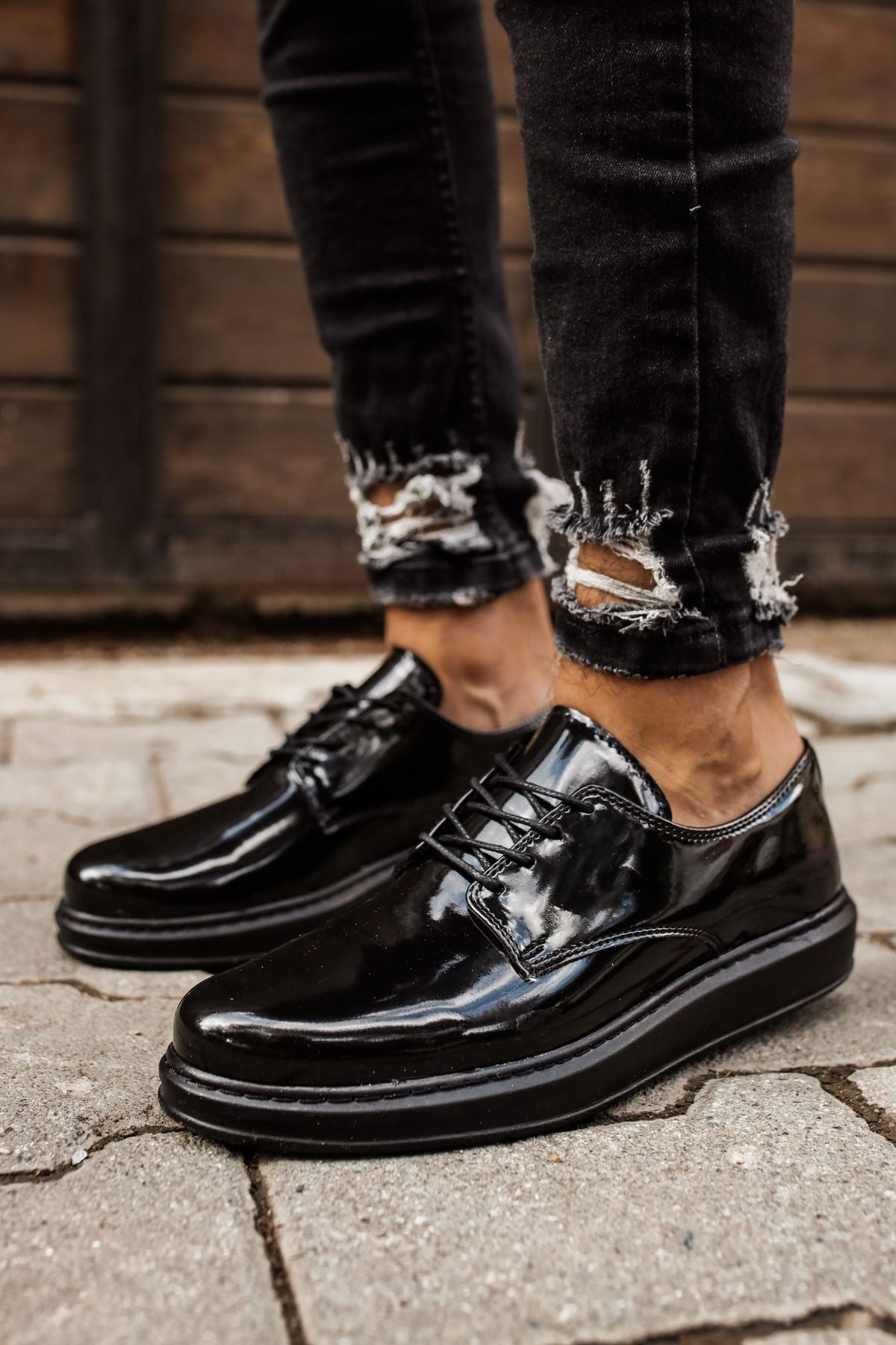 CH003 Men's Full Black Patent Leather Casual Classic Sneaker Shoes - STREETMODE ™
