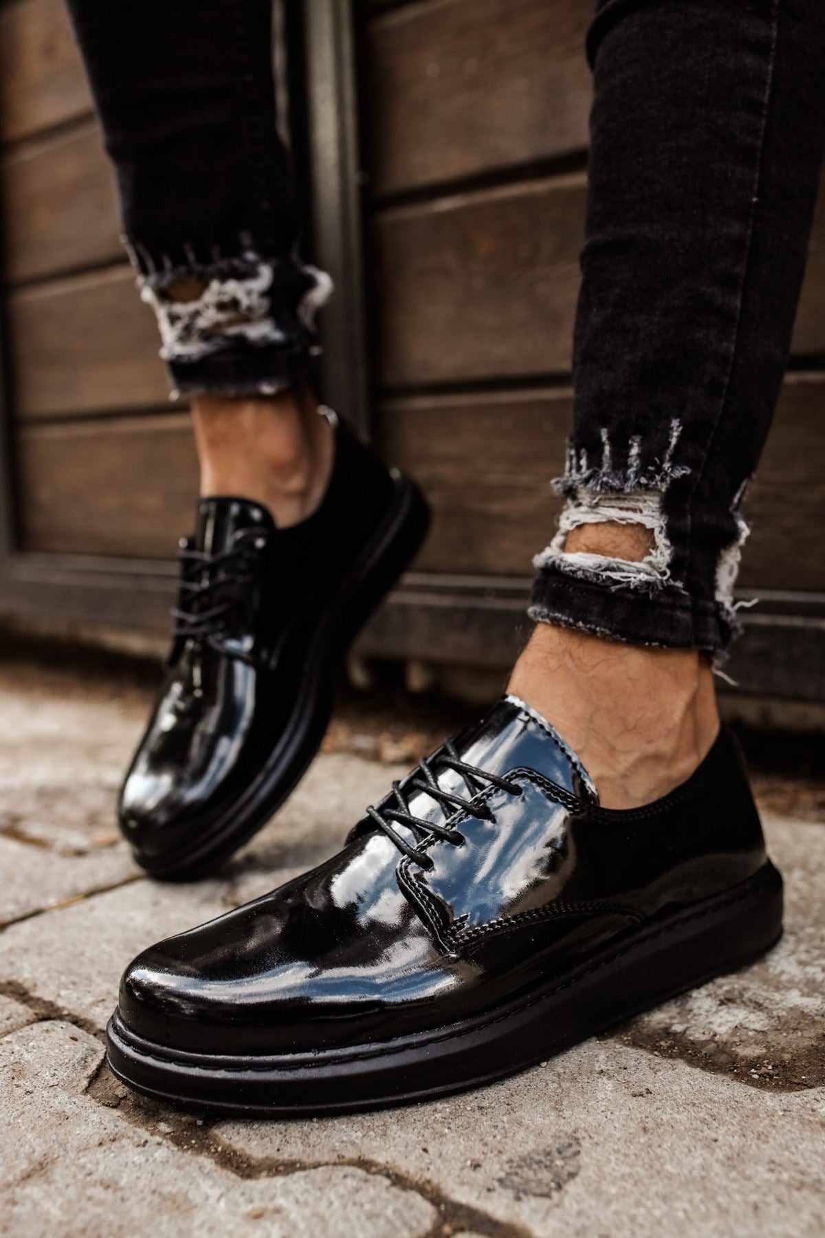 CH003 Men's Full Black Patent Leather Casual Classic Sneaker Shoes - STREETMODE ™