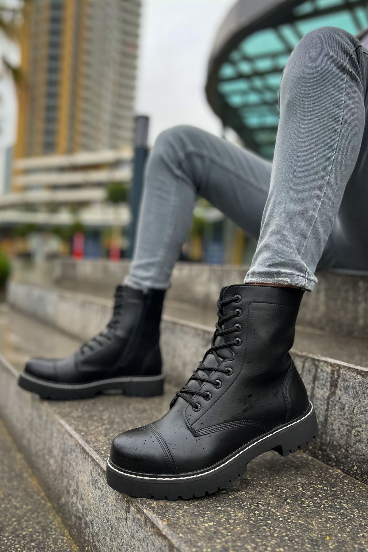 CH009 Men's Leather Black-Black Sole Casual Winter Boots