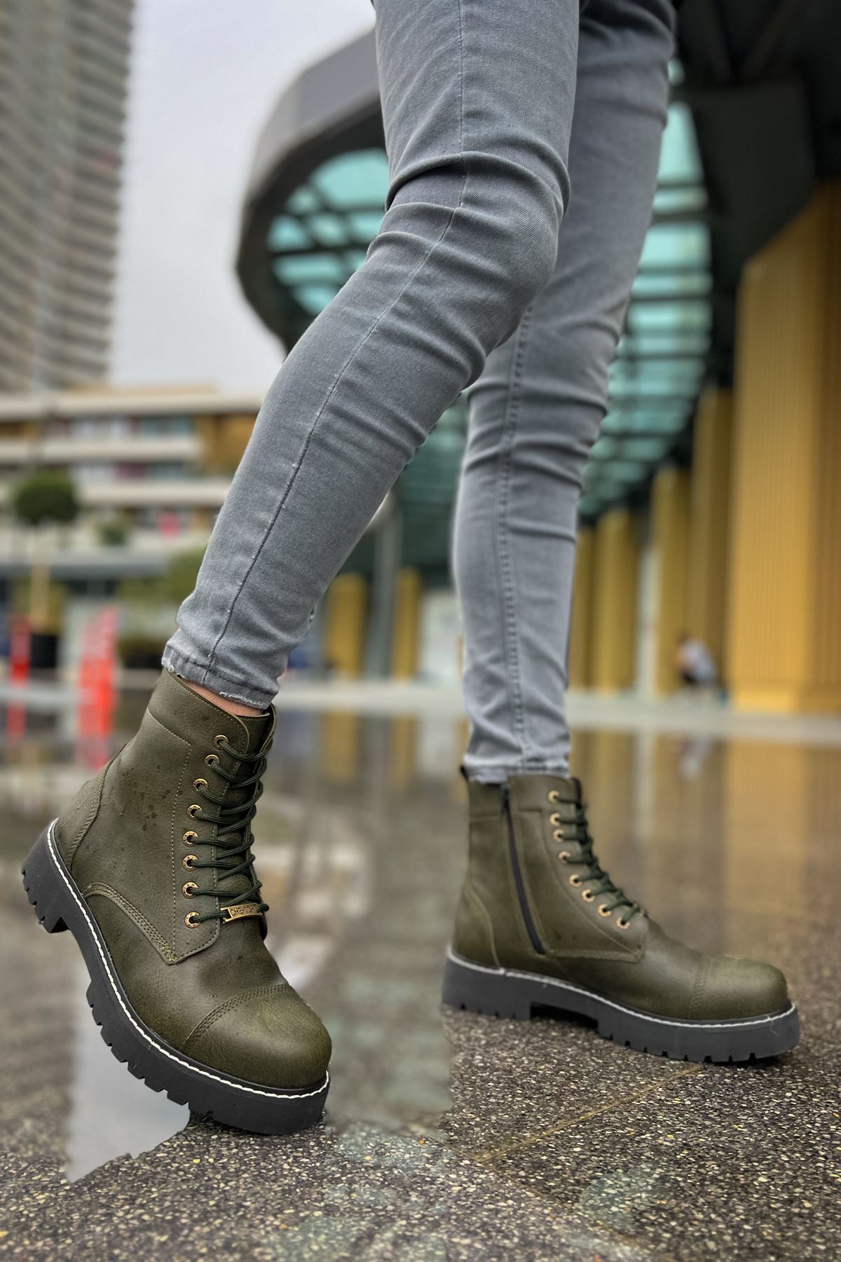 CH009 Men's Leather Khaki-Black Sole Casual Winter Boots