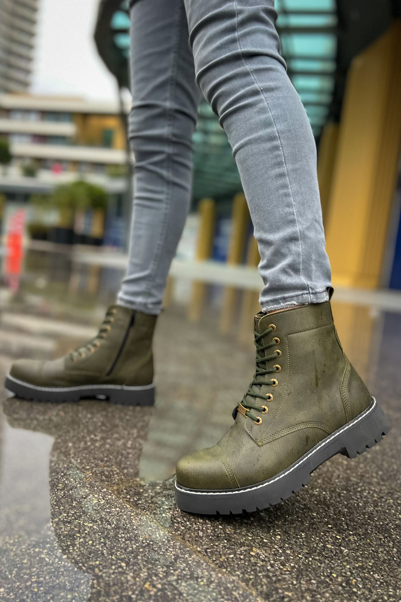 CH009 Men's Leather Khaki-Black Sole Casual Winter Boots - STREETMODE ™