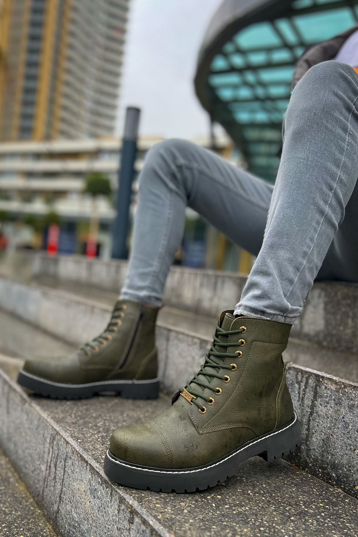 CH009 Men's Leather Khaki-Black Sole Casual Winter Boots - STREETMODE ™