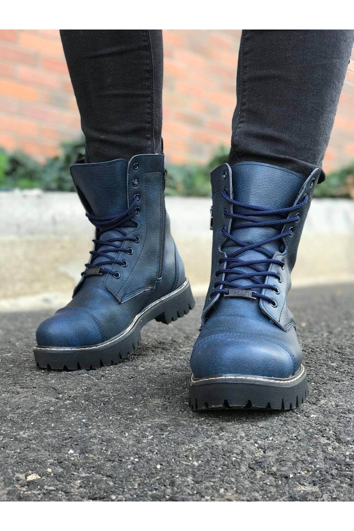 CH009 Men's Leather Navy Blue-Black Sole Casual Winter Boots - STREETMODE ™