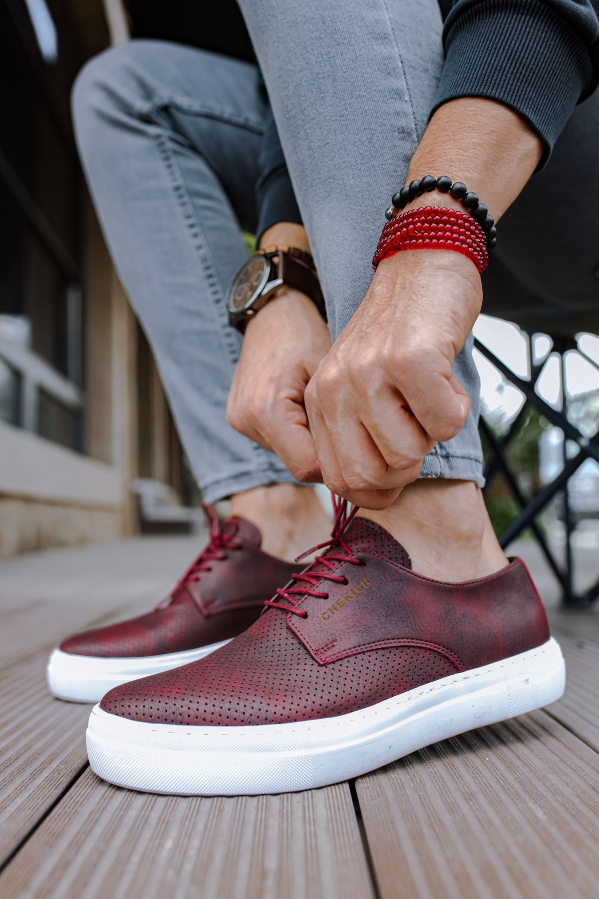 CH061 Men's Orthopedics Burgundy-White Sole Lace-up Casual Sneaker Shoes - STREETMODE ™