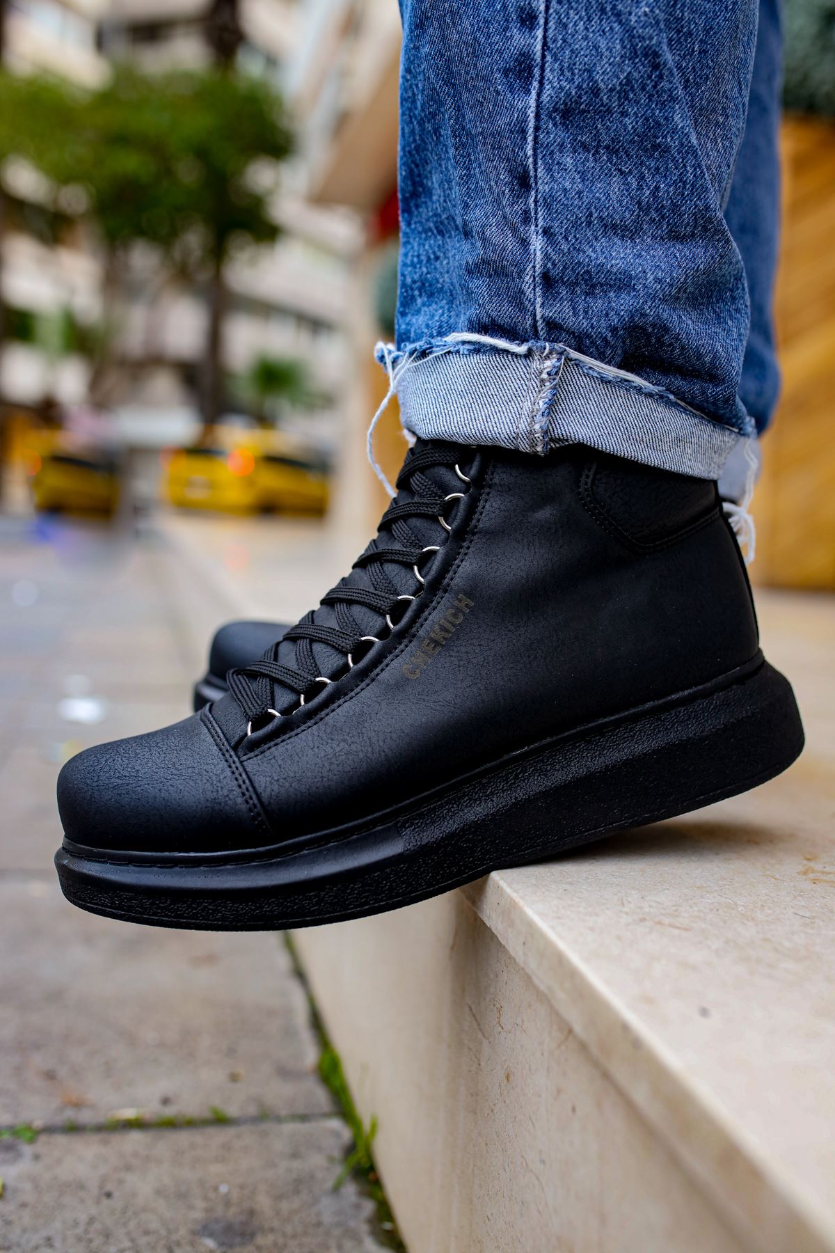 CH258 Men's Black Metal Slug Lace-up High Sole Casual Sneaker Sports Boots