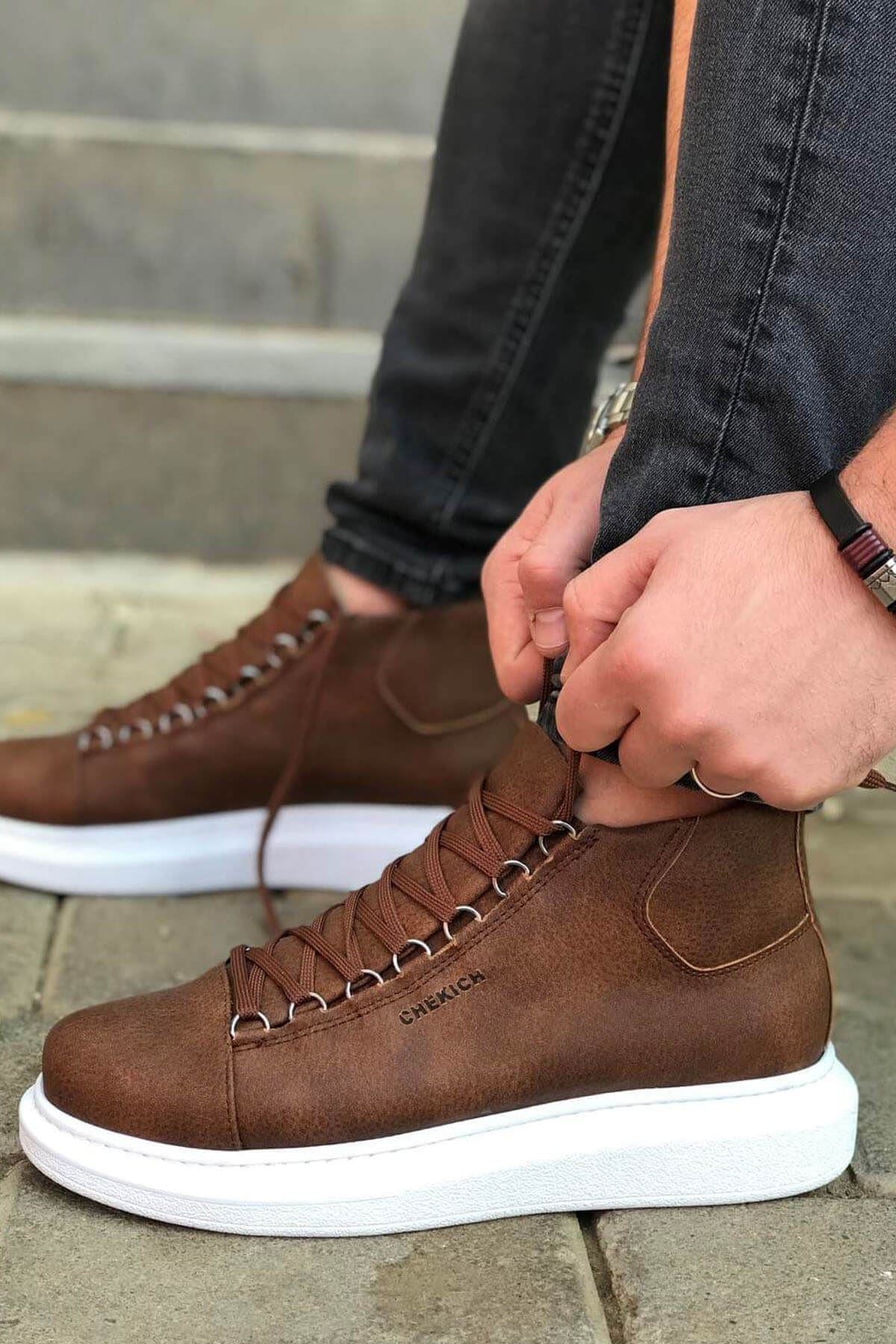 CH258 Men's Brown-White Sole Metal Slug Lace-up High Sole Casual Sneaker Sports Boots - STREETMODE ™