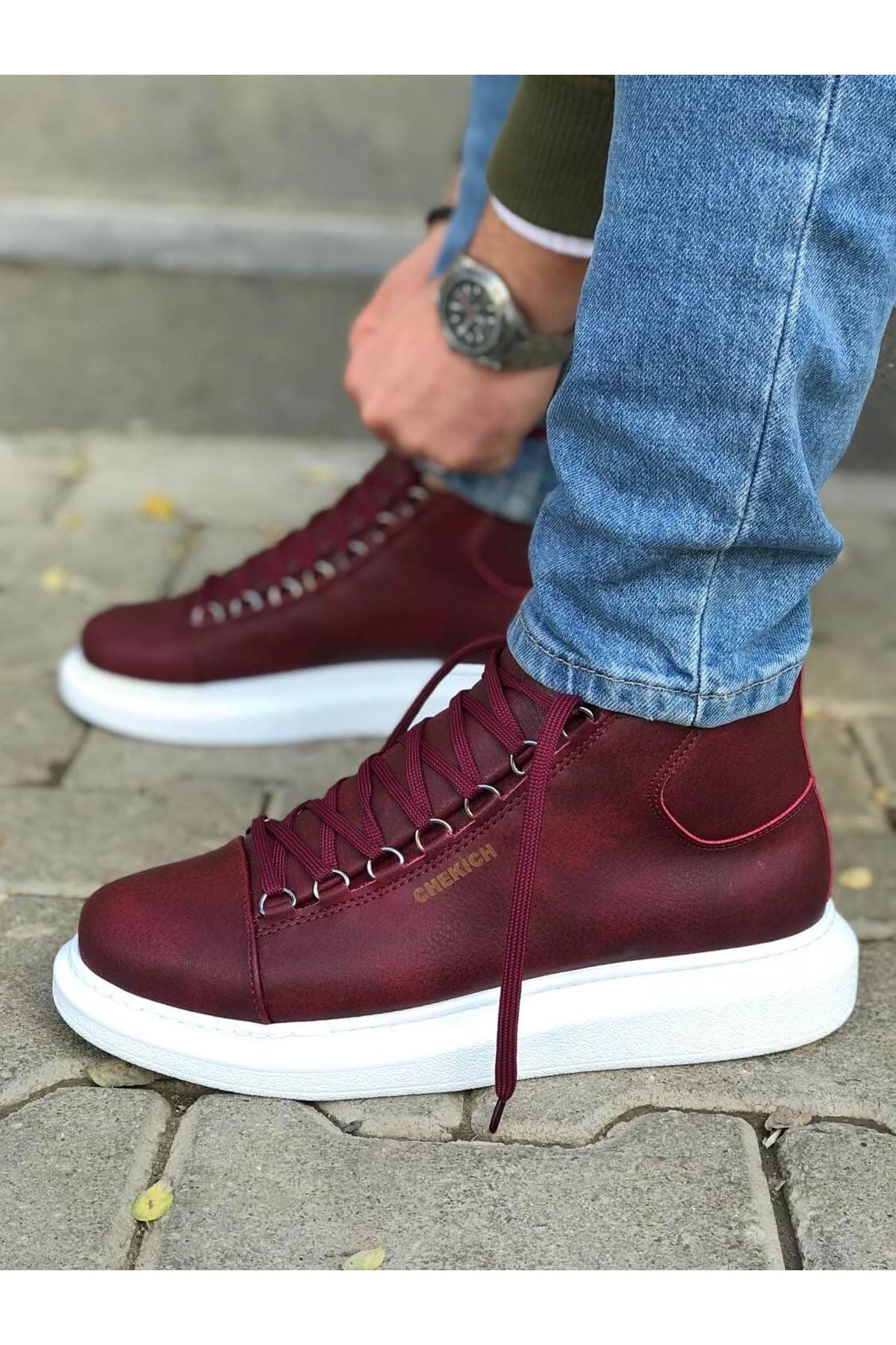 CH258 Men's Burgundy-White Sole Metal Slug Lace-up High Sole Casual Sneaker Sports Boots - STREETMODE ™