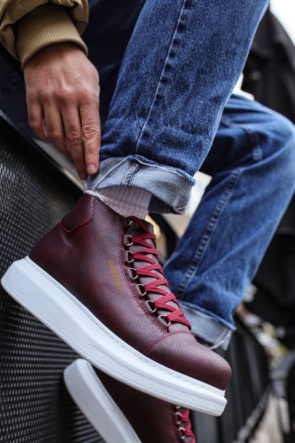 CH258 Men's Burgundy-White Sole Metal Slug Lace-up High Sole Casual Sneaker Sports Boots - STREETMODE ™