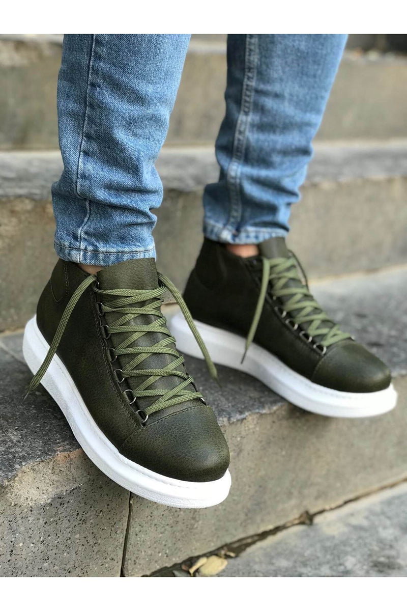 CH258 Men's Khaki-White Sole Metal Slug Lace-up High Sole Casual Sneaker Sports Boots - STREETMODE ™