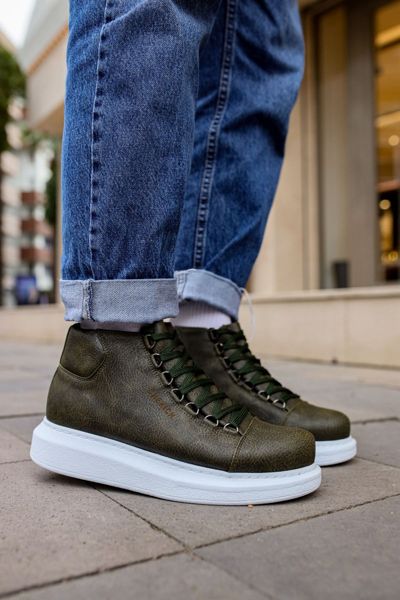 CH258 Men's Khaki-White Sole Metal Slug Lace-up High Sole Casual Sneaker Sports Boots - STREETMODE ™