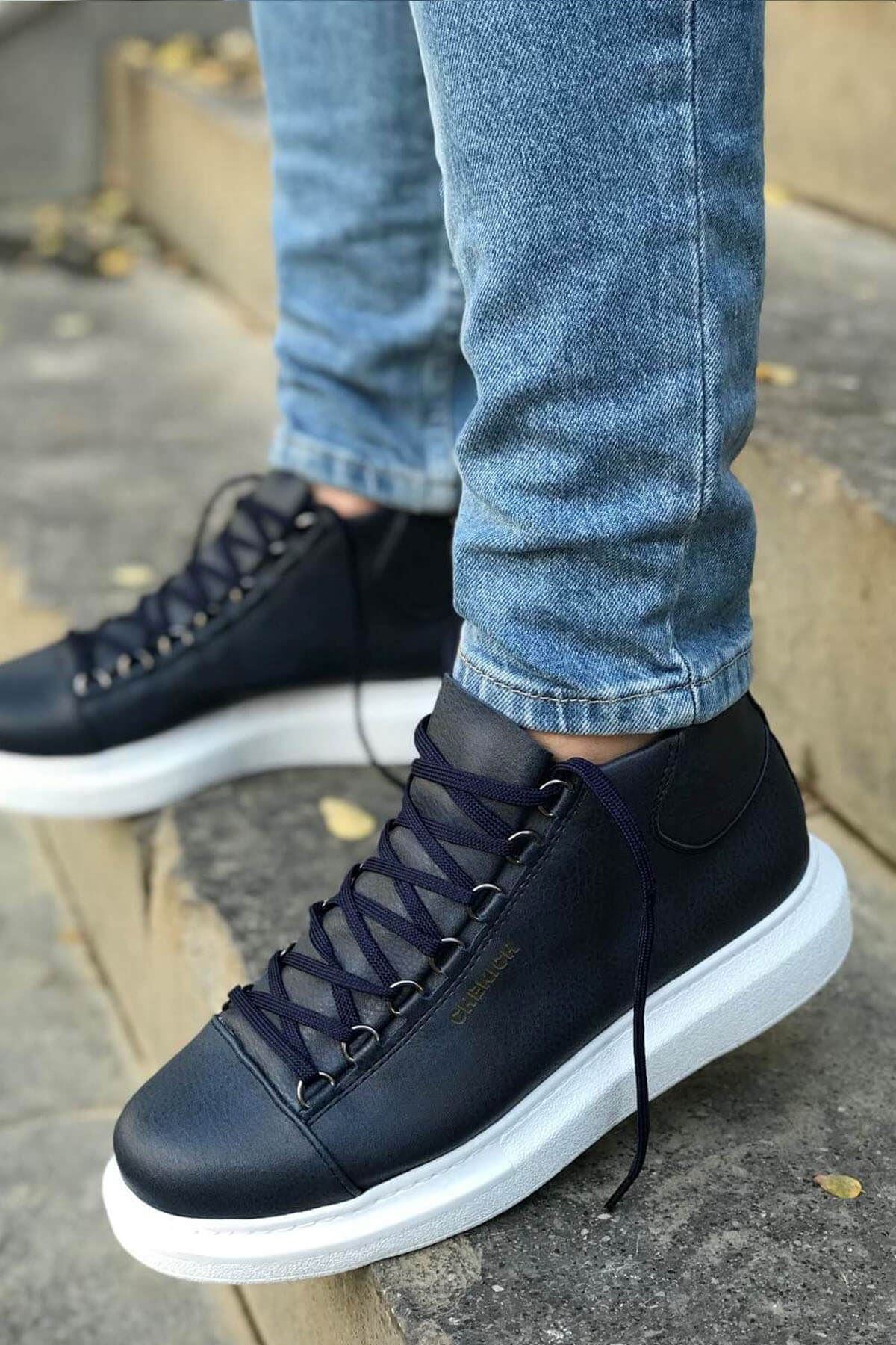 CH258 Men's Navy Blue-White Sole Metal Slug Lace-up High Sole Casual Sneaker Sports Boots - STREETMODE ™
