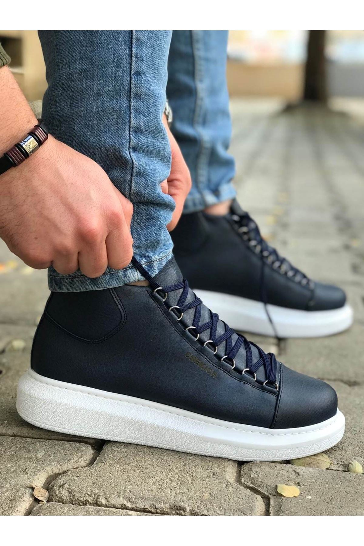 CH258 Men's Navy Blue-White Sole Metal Slug Lace-up High Sole Casual Sneaker Sports Boots - STREETMODE ™