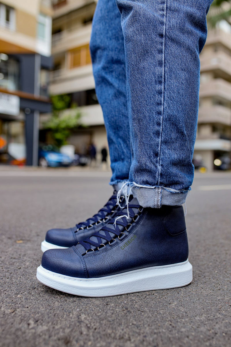 CH258 Men's Navy Blue-White Sole Metal Slug Lace-up High Sole Casual Sneaker Sports Boots - STREETMODE ™