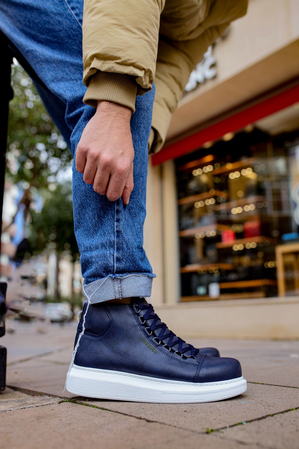 CH258 Men's Navy Blue-White Sole Metal Slug Lace-up High Sole