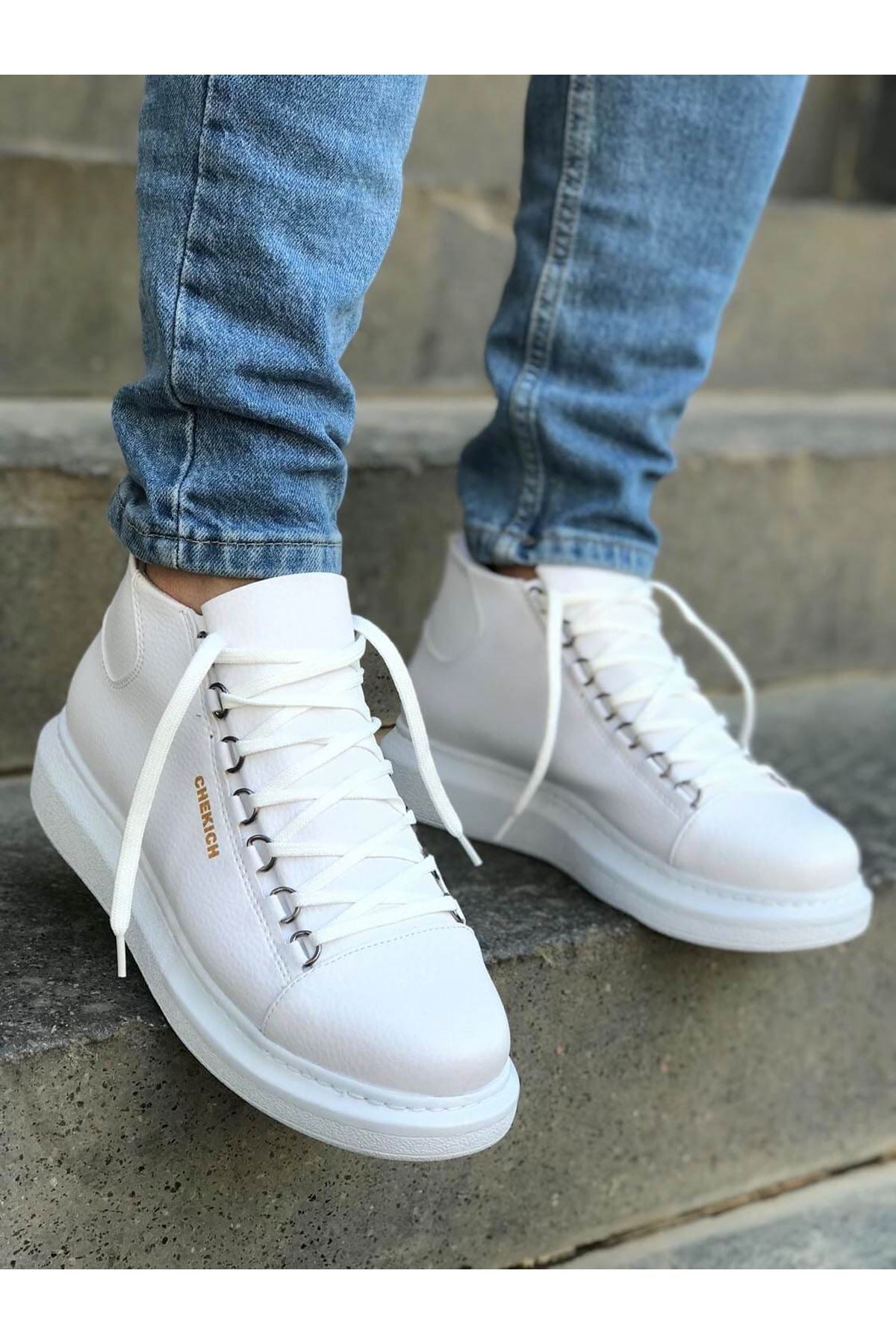 CH258 Men's White Metal Slug Lace-up High Sole Casual Sneaker Sports Boots - STREETMODE ™