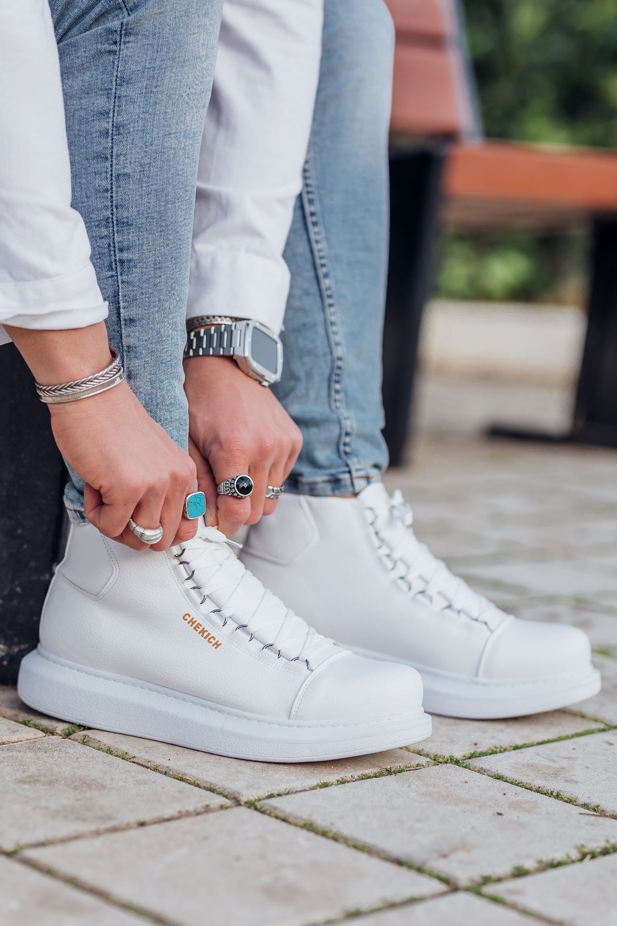 CH258 Men's White Metal Slug Lace-up High Sole Casual Sneaker