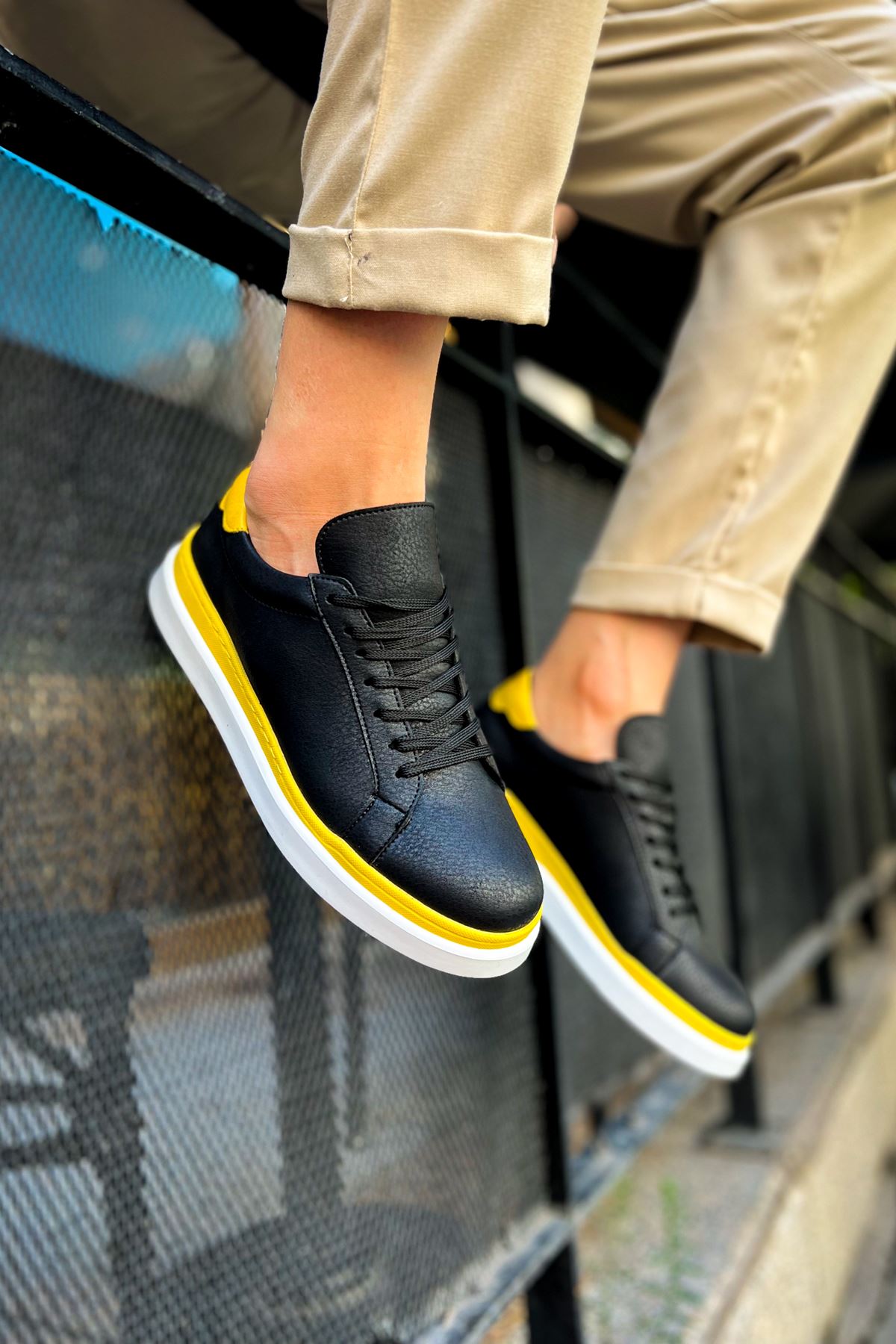 CH979 Santoni GBT Sport Men's Sneakers Shoes BLACK/YELLOW - STREETMODE ™