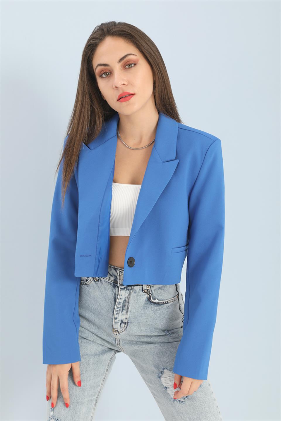 Women's Double Peto Pocket Short Crop Blazer Jacket - Sax Blue - STREET MODE ™