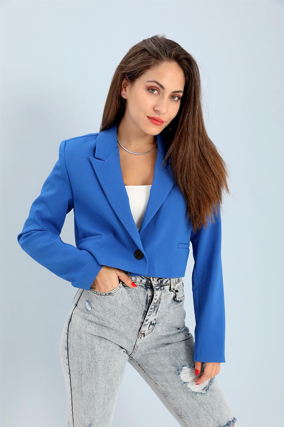 Women's Double Peto Pocket Short Crop Blazer Jacket - Sax Blue - STREET MODE ™
