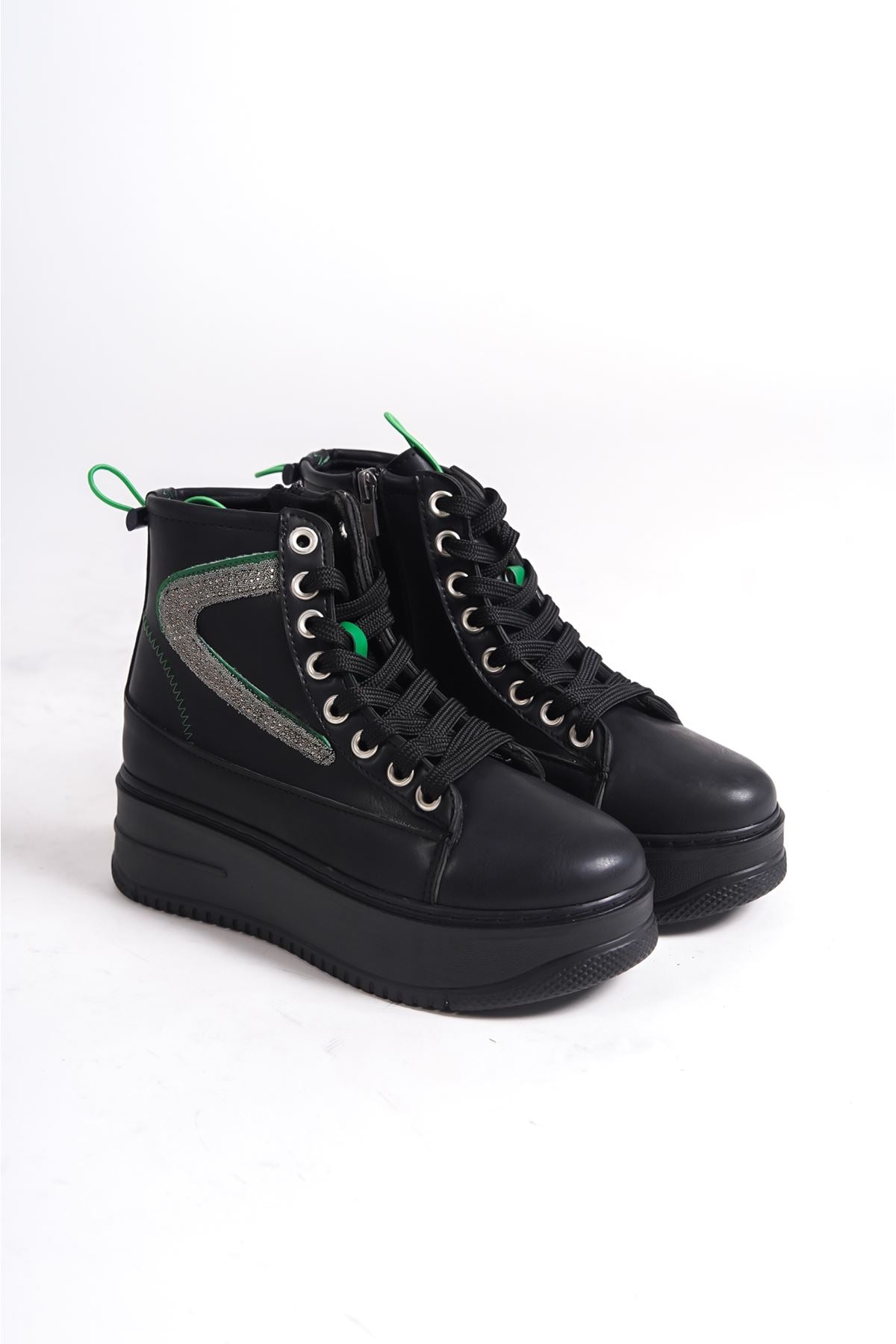 Women's Black Thick Soled Sports Boots with Green Detail - STREETMODE ™