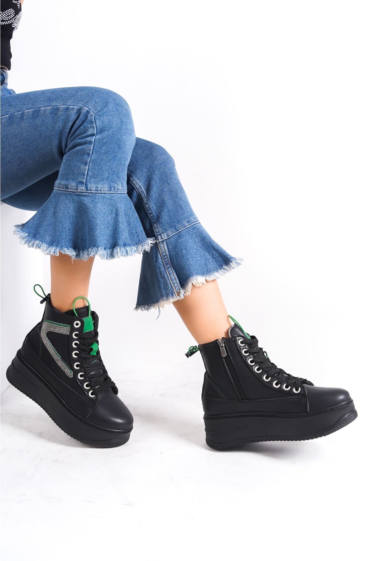 Women's Black Thick Soled Sports Boots with Green Detail - STREETMODE ™