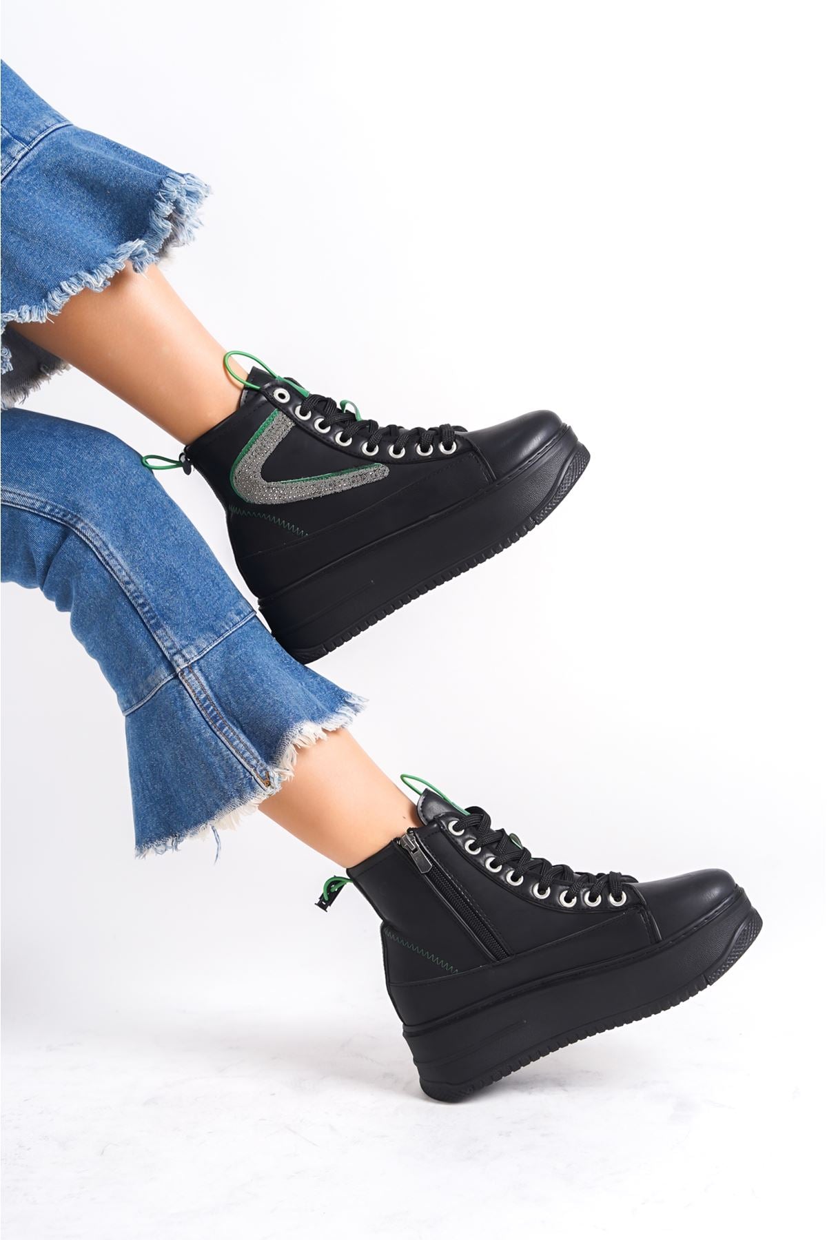 Women's Black Thick Soled Sports Boots with Green Detail - STREETMODE ™