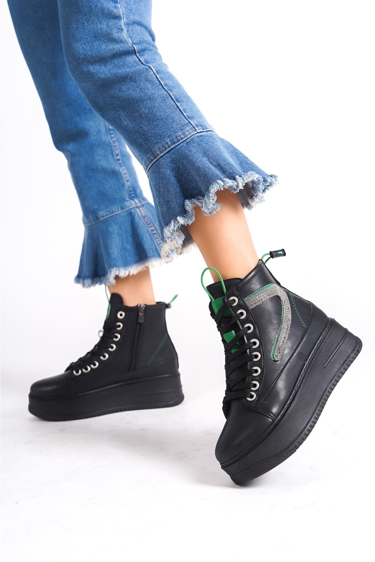 Women's Black Thick Soled Sports Boots with Green Detail - STREETMODE ™