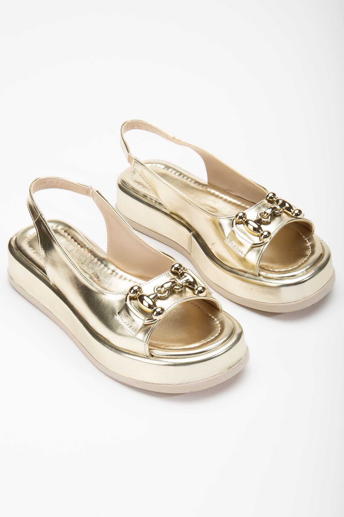 Women's Gold Shiny Skin Buckle Detailed Sandals - STREETMODE ™