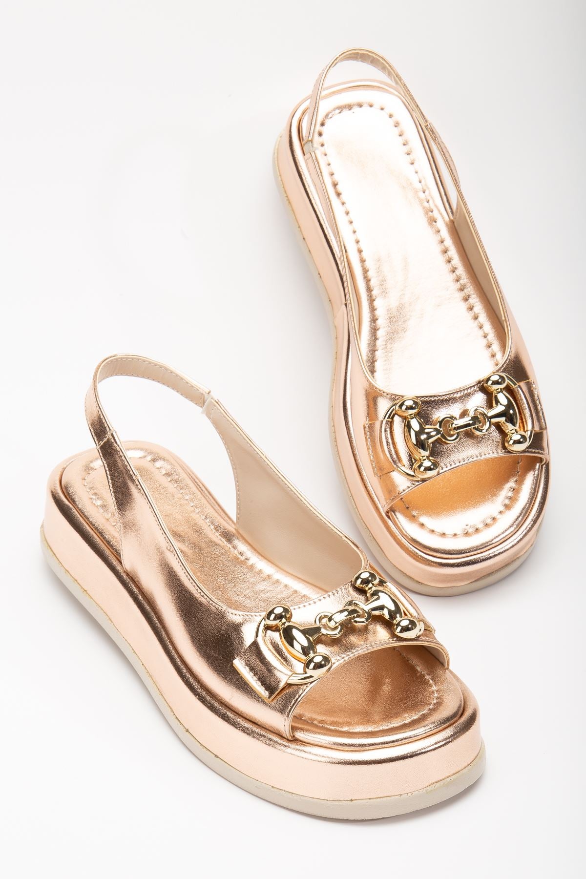 Women's Rose Gold Shiny Skin Buckle Detailed Sandals - STREETMODE ™