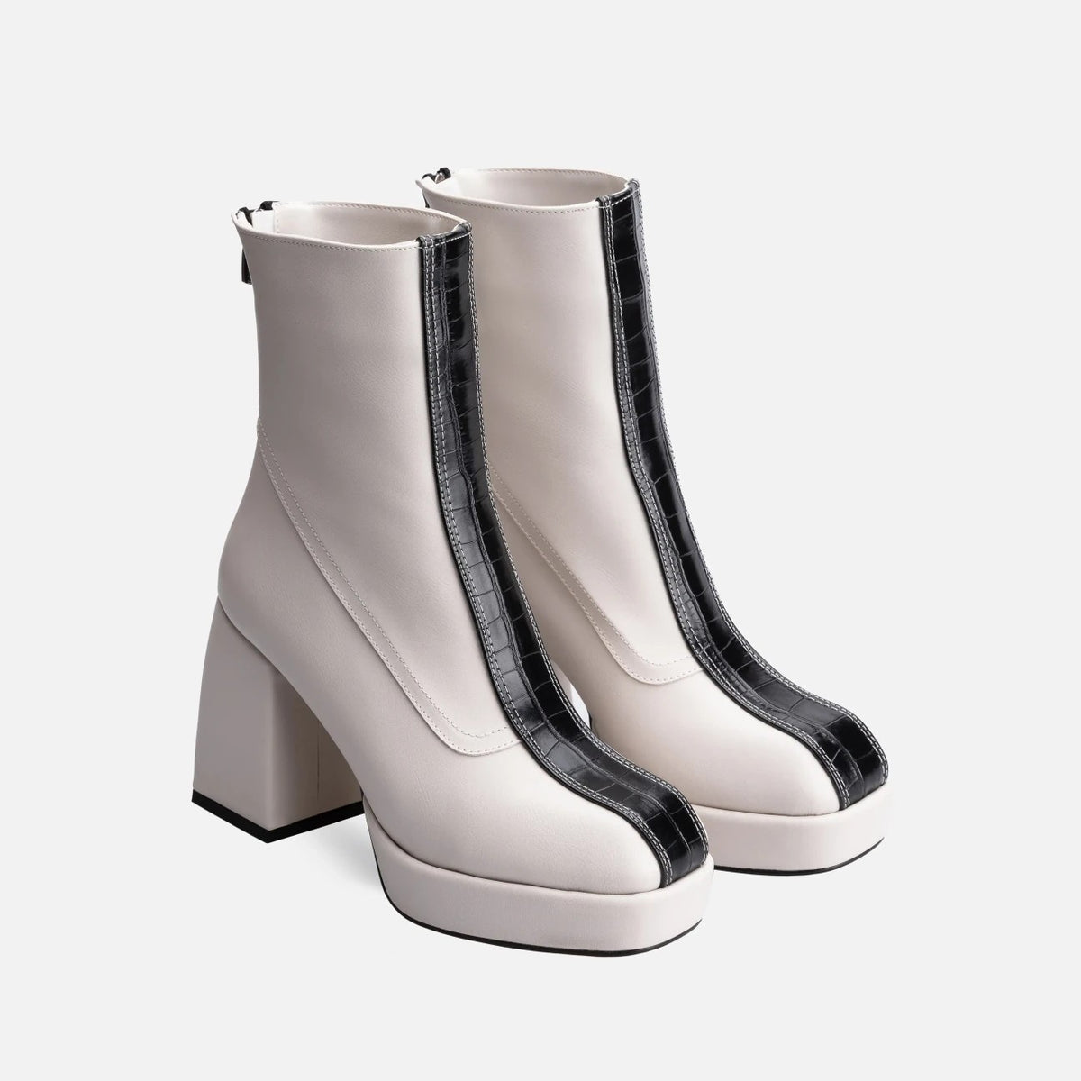 Women's Off White Leather Heeled Boots