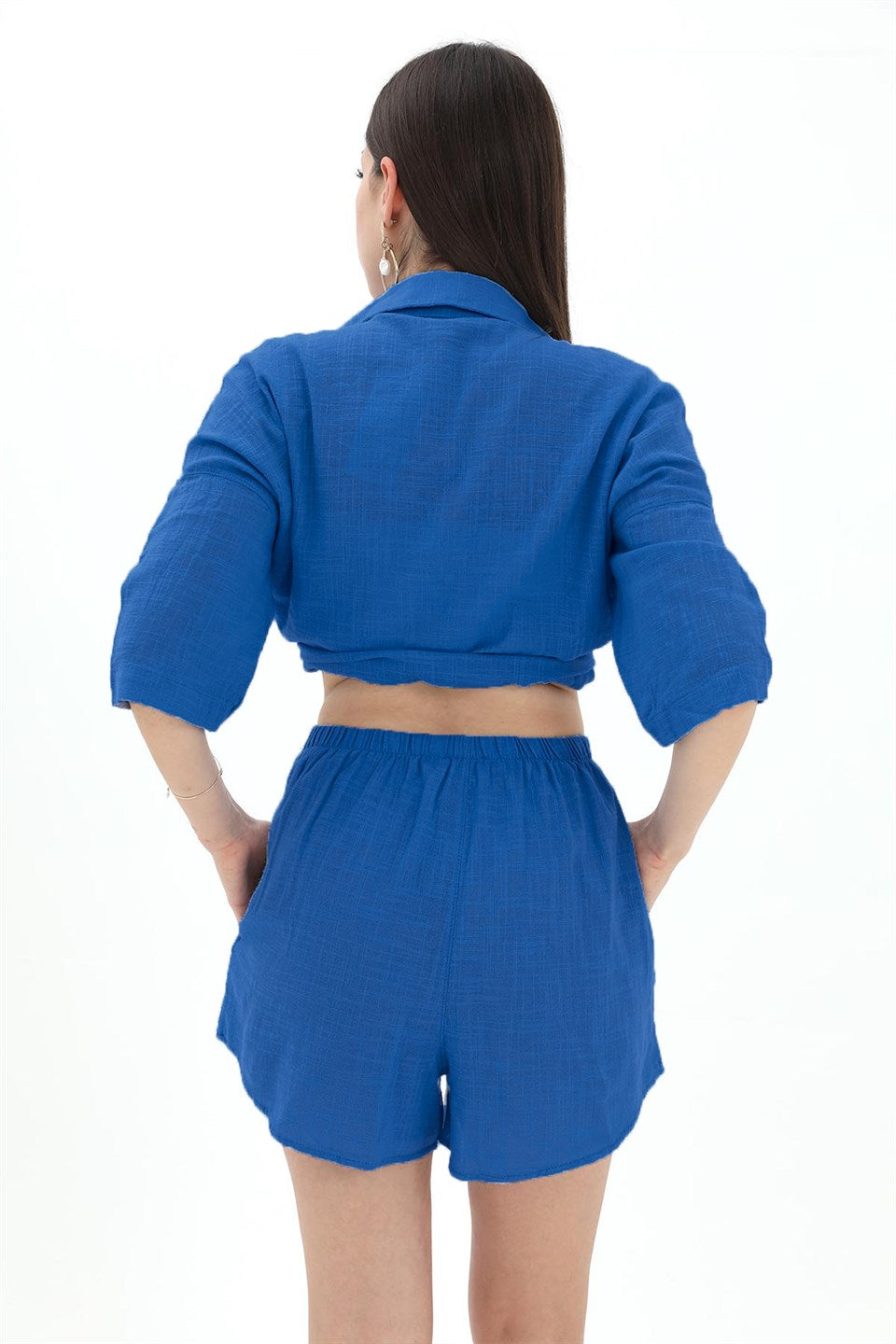 Cotton Linen Shorts Shirt Women's Double Suit - SaksBlue - STREETMODE ™