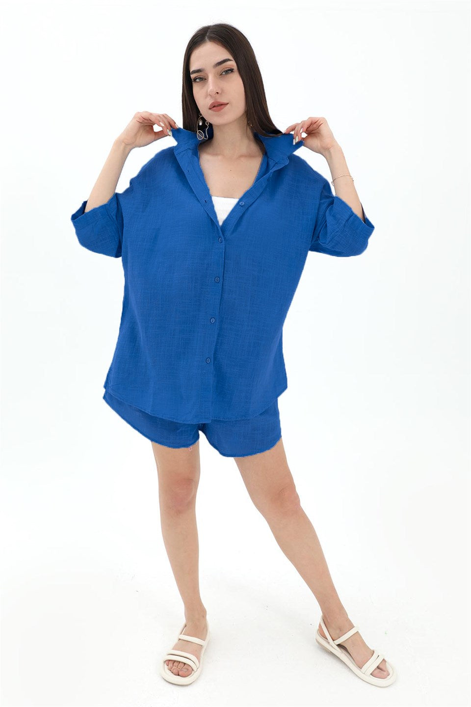 Cotton Linen Shorts Shirt Women's Double Suit - SaksBlue - STREETMODE ™