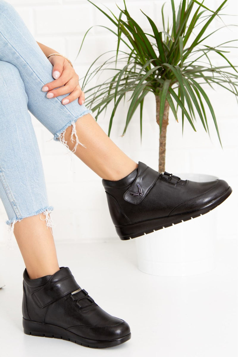 Women's Daye Genuine Leather Black Boots with Velcro - STREETMODE ™
