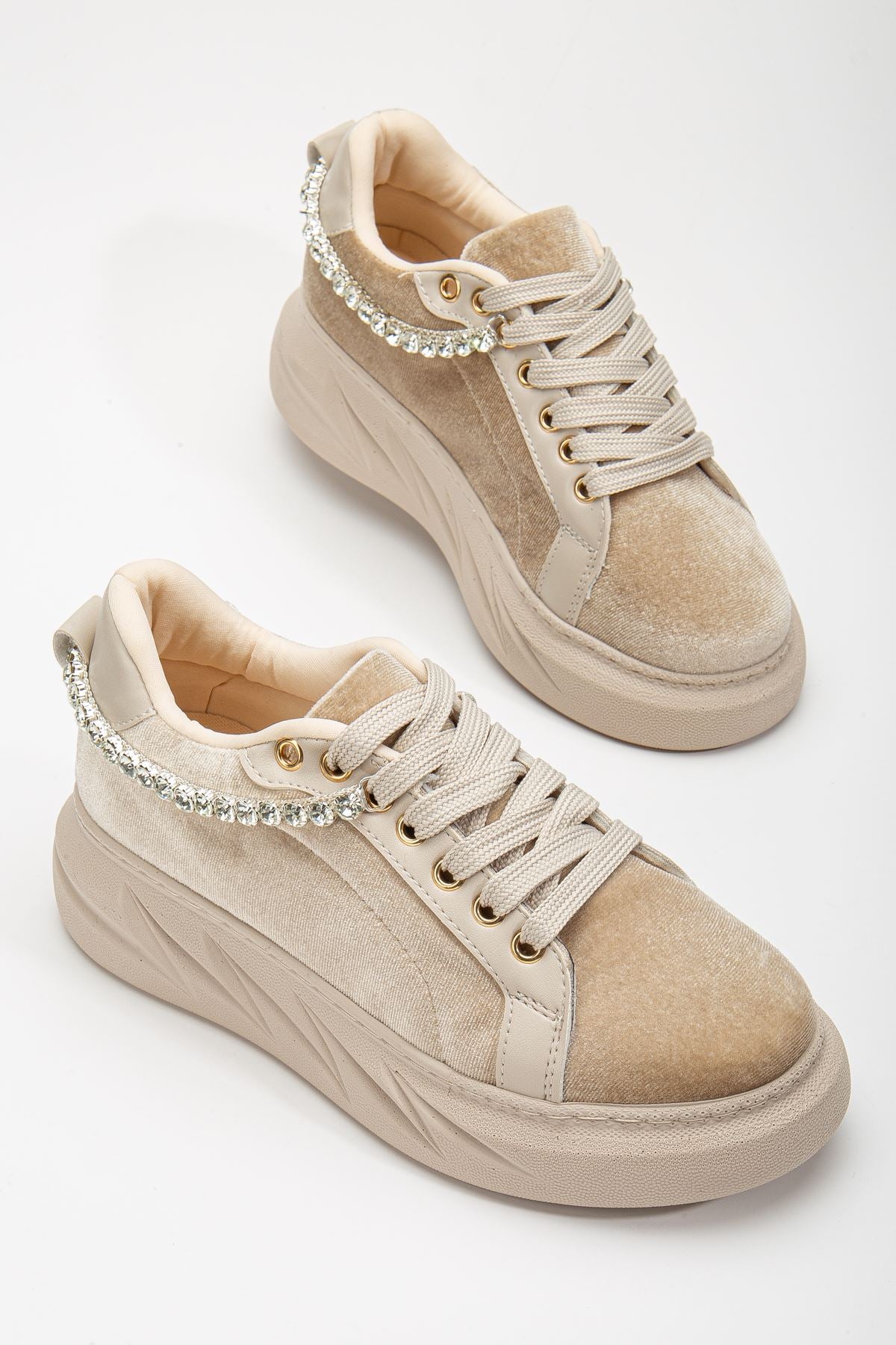 Women's Deena Beige Velvet Thick Sole Stone Detailed Sneakers - STREETMODE ™