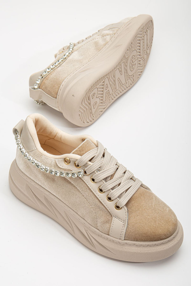Women's Deena Beige Velvet Thick Sole Stone Detailed Sneakers - STREETMODE ™