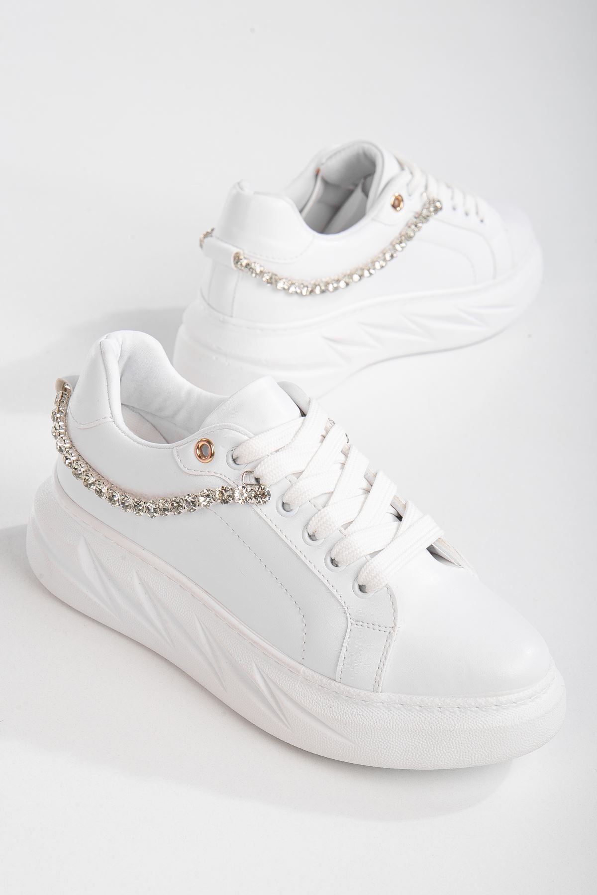 Women's Deena White Thick Sole Stone Detailed Sneakers - STREETMODE ™