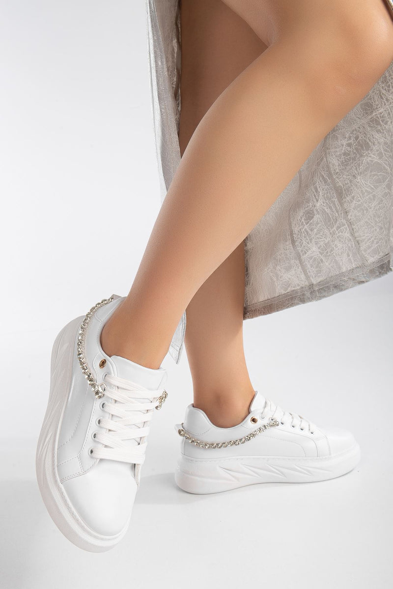 Women's Deena White Thick Sole Stone Detailed Sneakers - STREETMODE ™