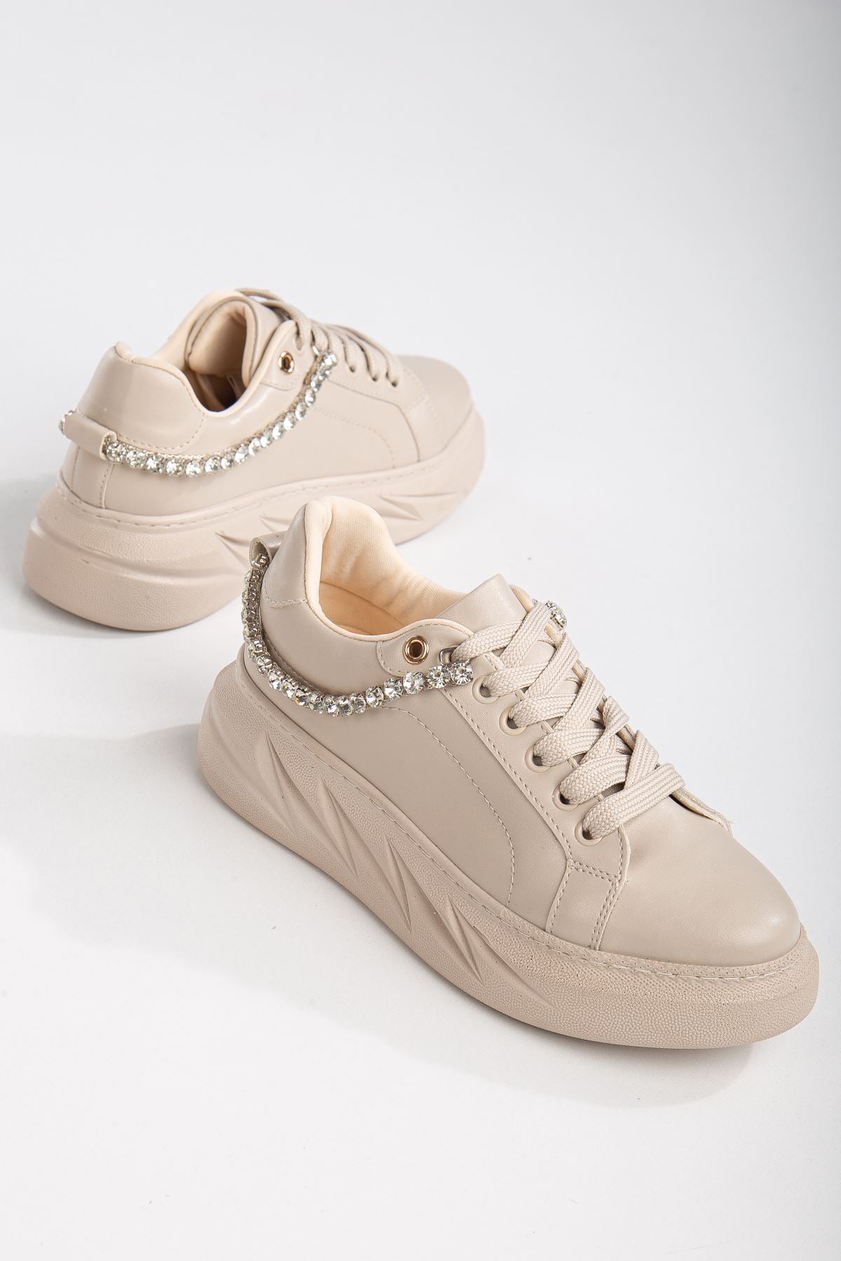 Women's Deena Cream Thick Sole Stone Detailed Sneakers - STREETMODE ™