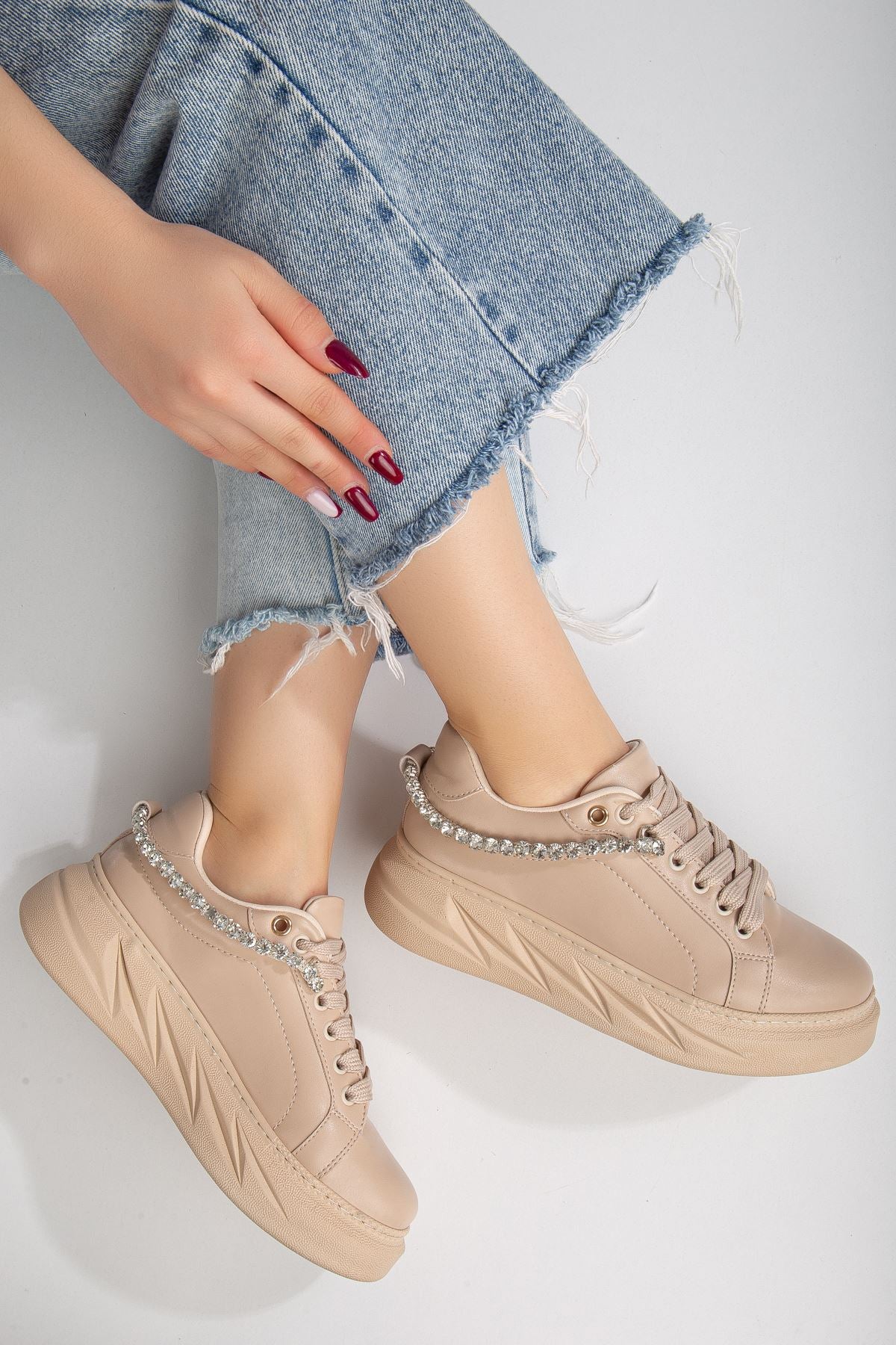 Women's Deena Nude Thick Sole Stone Detailed Sneakers - STREETMODE ™