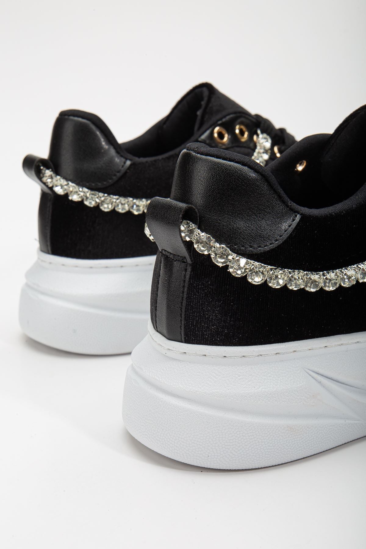 Women's Deena Black Velvet Thick Sole Stone Detailed Sneakers - STREETMODE ™