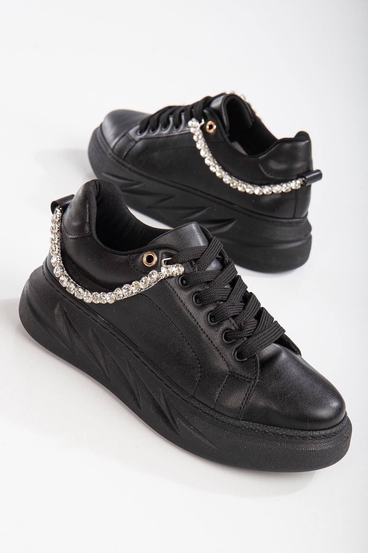 Women's Deena Black Thick Sole Stone Detailed Sneakers - STREETMODE ™