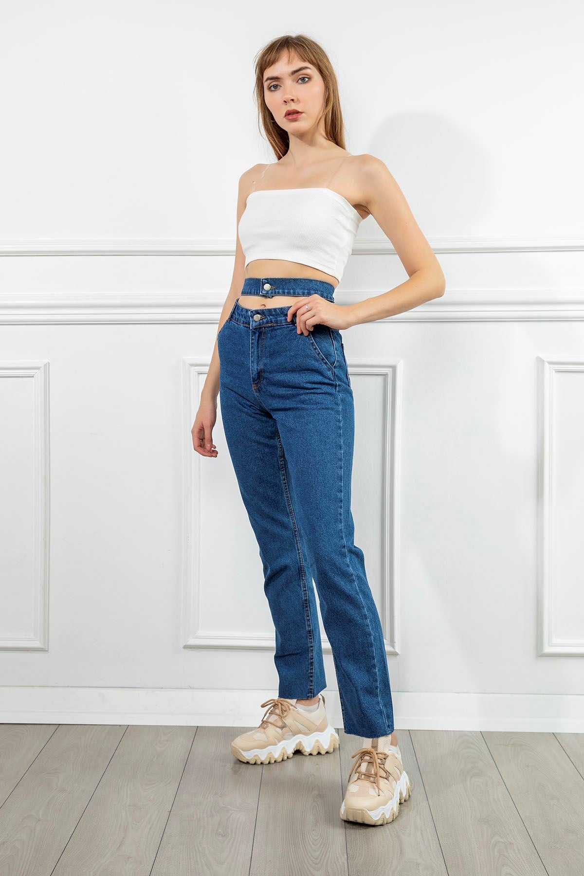 Denim Fabric Ankle Length Double Belt Women'S Trouser - Light Blue - STREETMODE ™