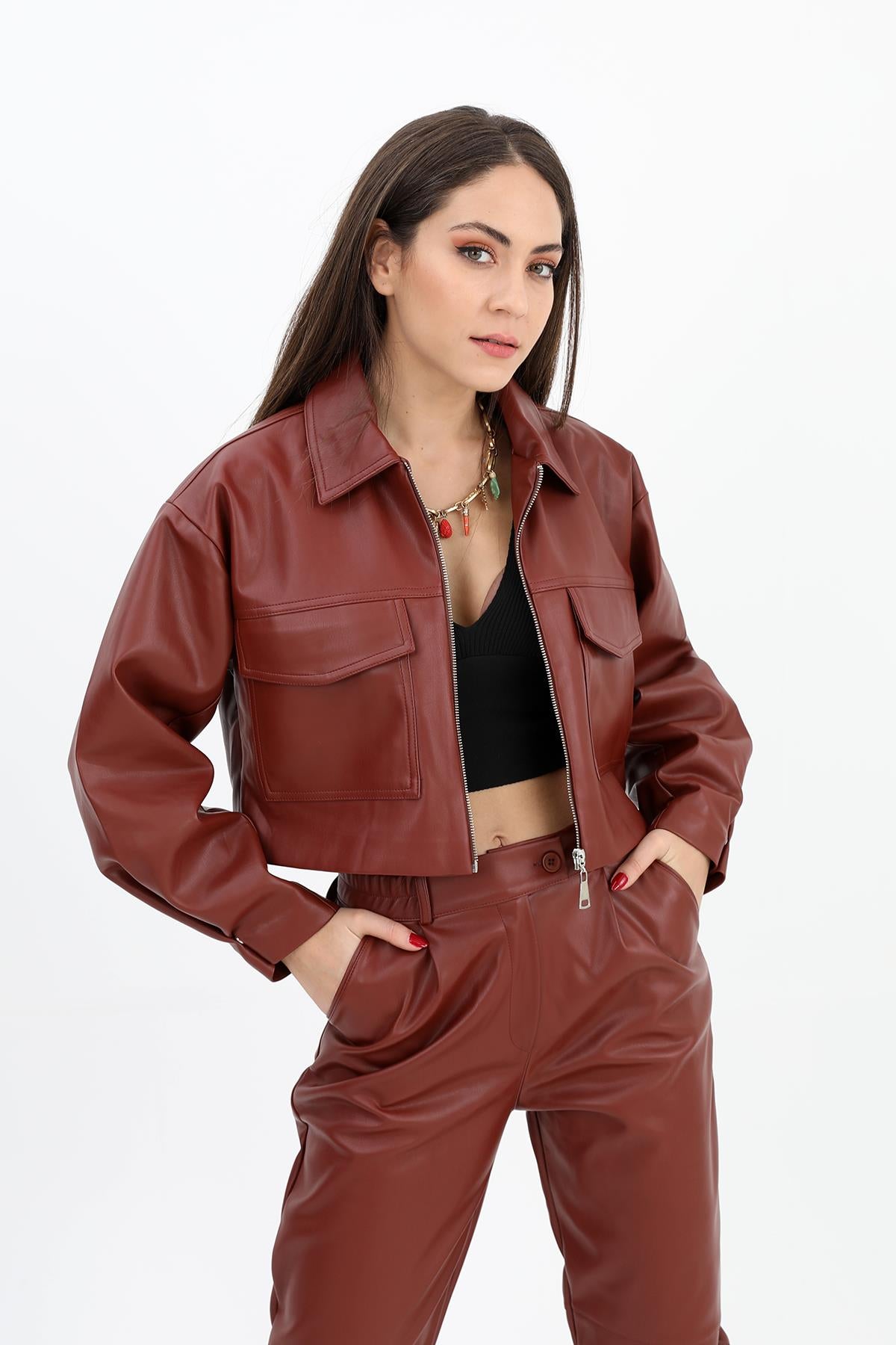 Women's Leather Jacket with Snap on Sleeves and Zipper on the Front - Claret Red - STREETMODE ™