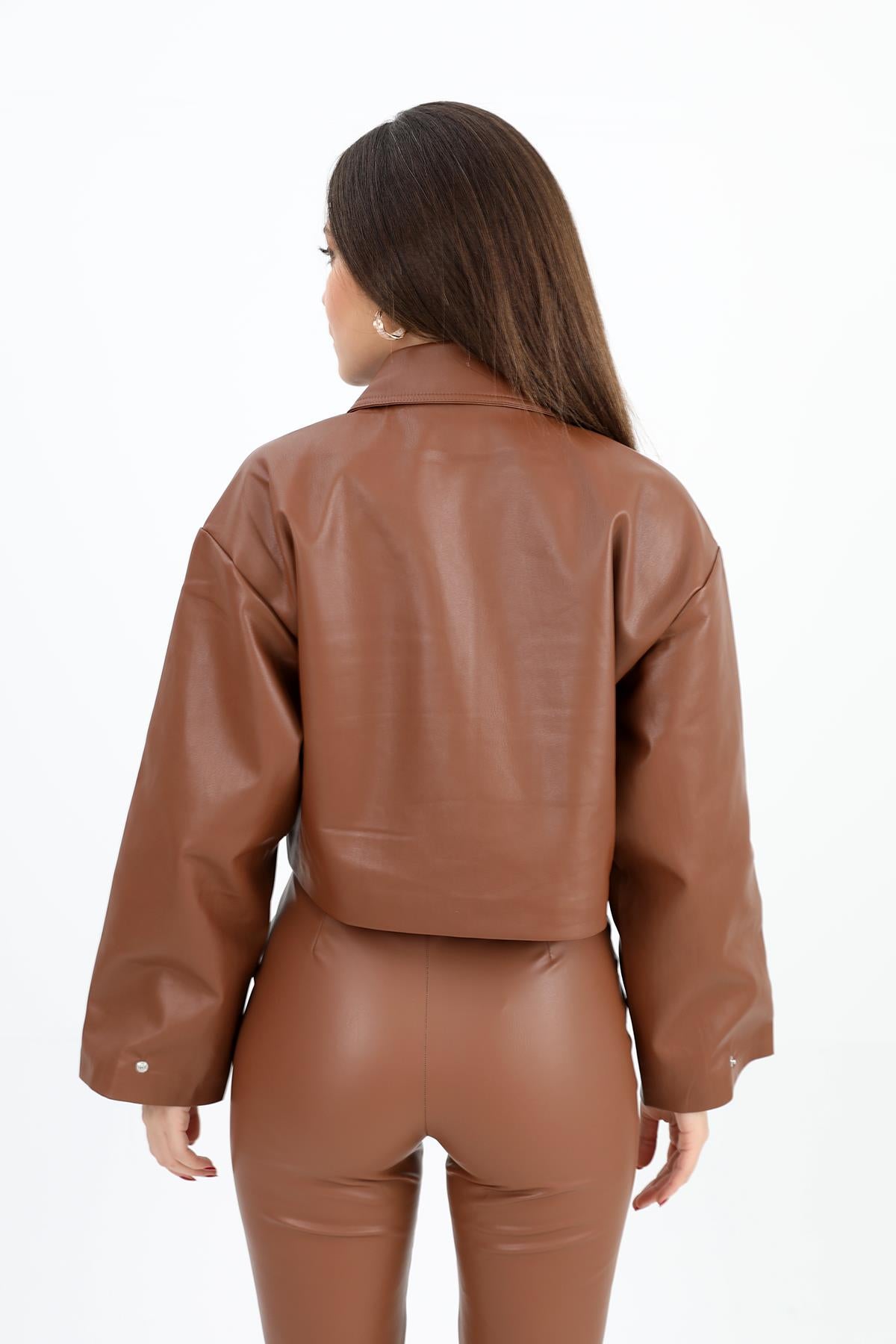 Women's Leather Jacket with Snap on Sleeves and Zipper on Front - Brown - STREETMODE ™