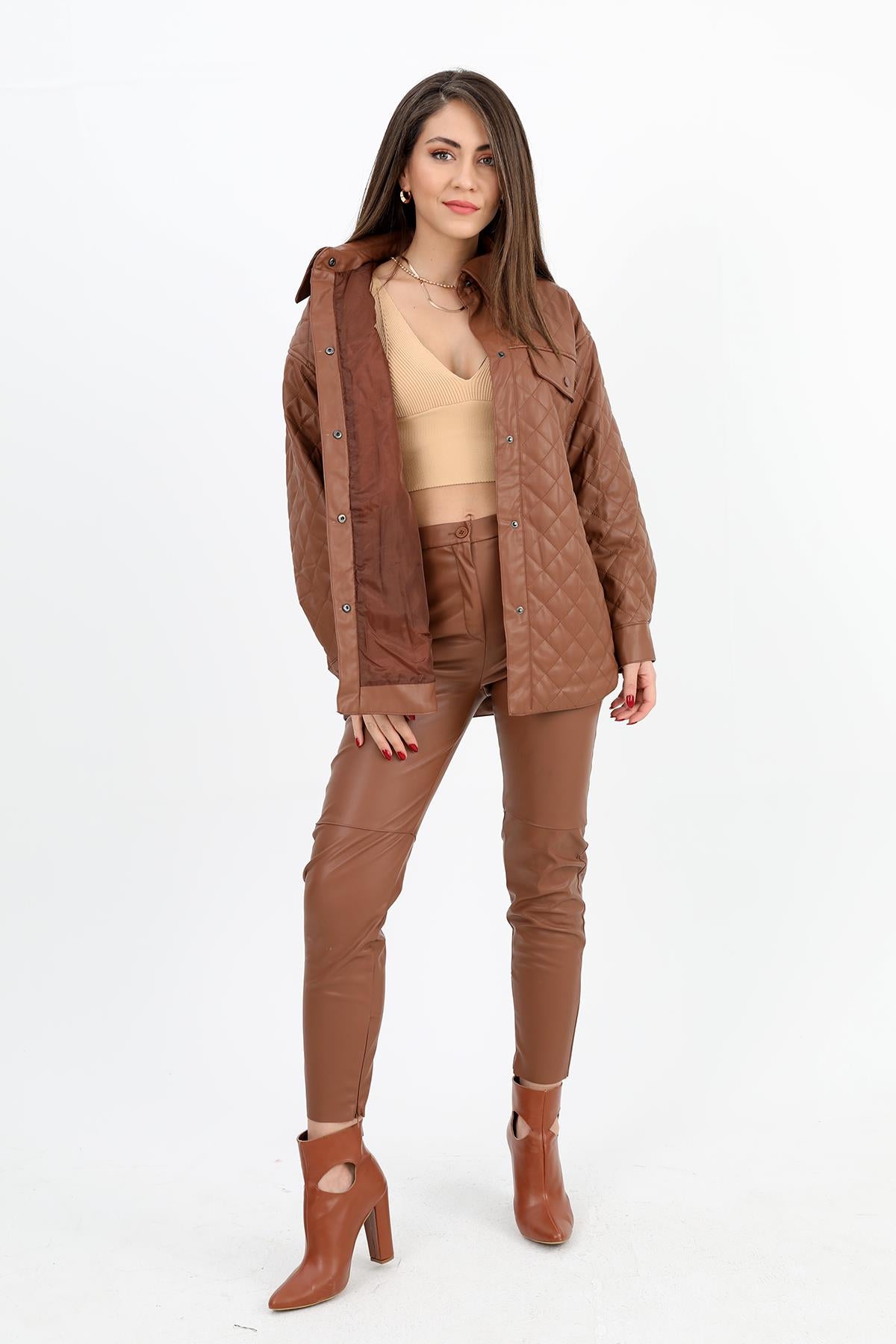 Women's Leather Coat with Pocket Flap Quilted - Brown - STREETMODE ™