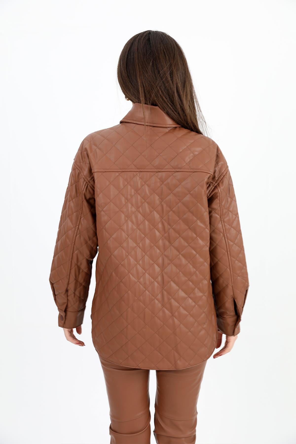 Women's Leather Coat with Pocket Flap Quilted - Brown - STREETMODE ™