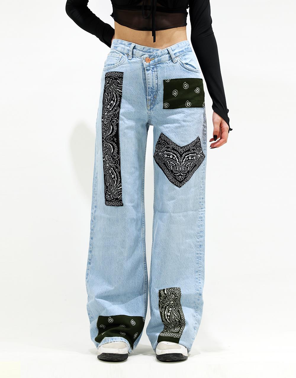 Design Bandana Pattern Wide Leg Jeans azules para mujer