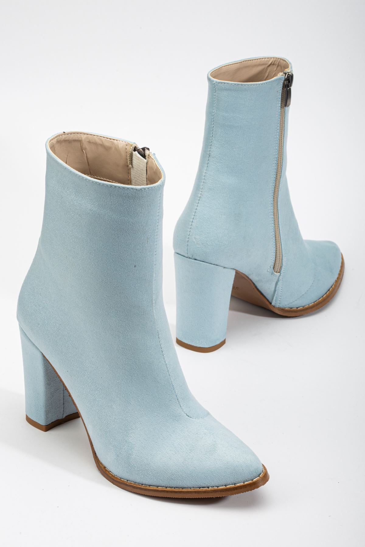 Women's Baby Blue Suede Pointed Toe Zippered Chunky Heel Boots - STREETMODE ™