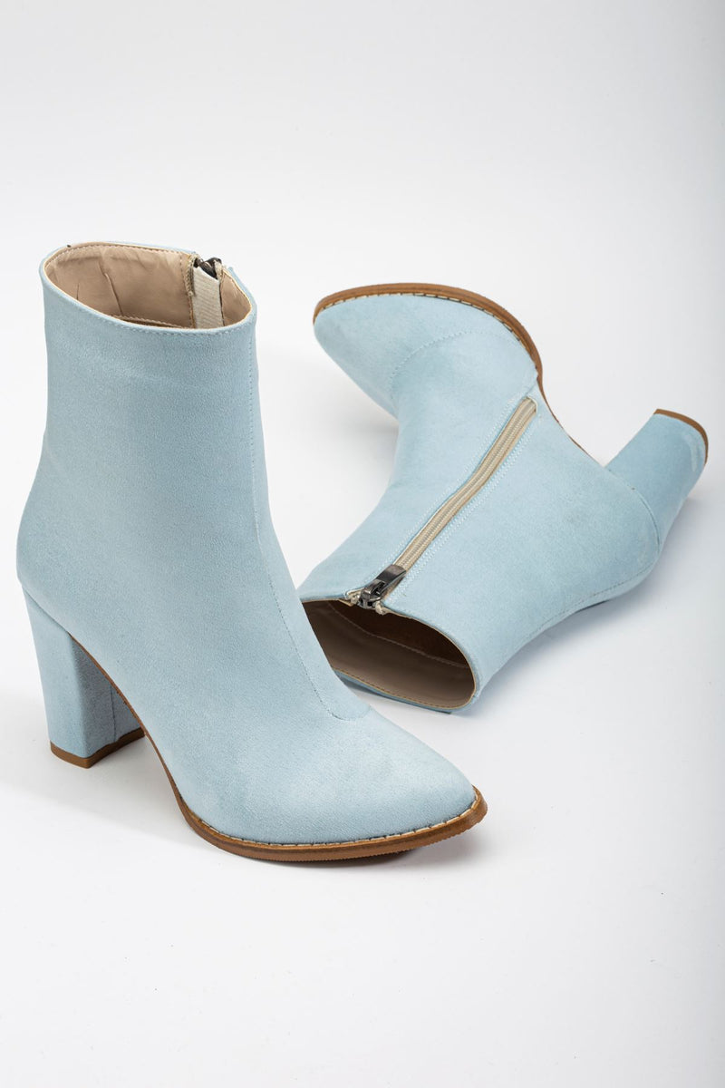 Women's Baby Blue Suede Pointed Toe Zippered Chunky Heel Boots - STREETMODE ™